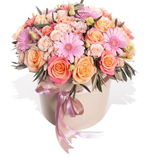 Композиции :: Цветы в коробке :: Цветы в шляпной коробке. Композиция из  роз, гербер и лизиантуса.
